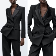 Women's Double Breasted Black Suit Peak Collar Jacket Fashionable Casual Style