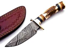 Custom Handmade 8" Damascus Steel Hunting Knife Stag Horn Handle 