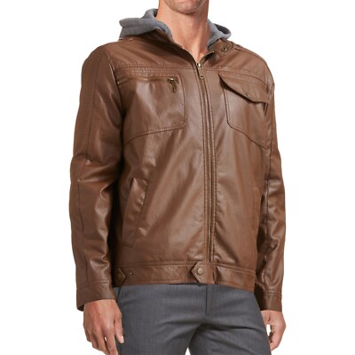 New Urban Republic Mens Faux Leather Hooded Moto Jacket Size Large, X-Large  $140