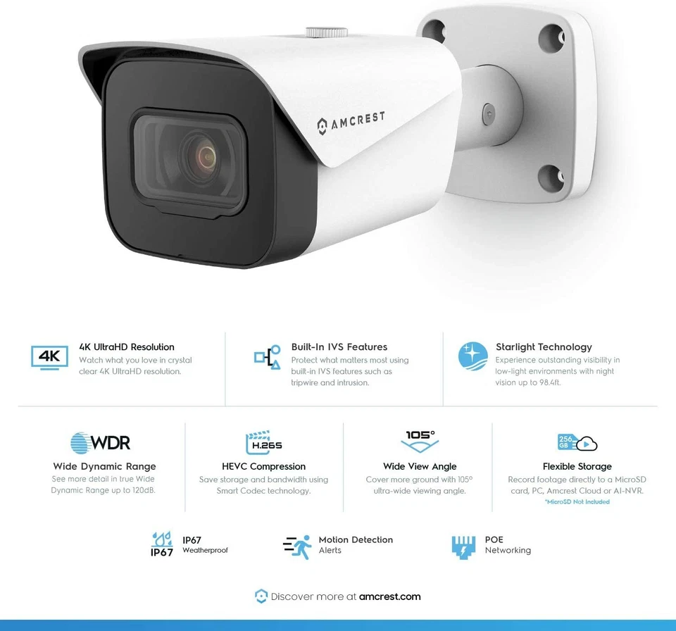 Amcrest UltraHD 4K (8MP) Bullet POE IP Security Camera IP8M-2496EW-V2 Warranty - Image 2 of 4