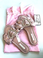 Victoria's Secret Embelli1shed Satin Bow Slide Slippers Slide Pearl Heart Pink