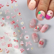 Pink Bow Knot Nail Art Stickers 5D Embossed Strawberry Nail Decals Cute Cake