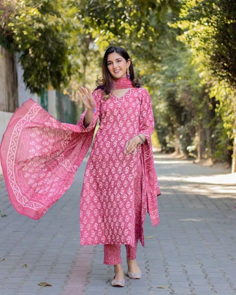 Buy Pink Printed Cotton Straight Kurta With Trousers & Dupatta Online at  Rs.1319 | Libas