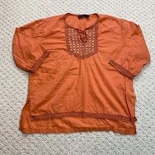 Juncture Blouse Shirt Womens Large Orange Peasant Top Cotton Tie Neck Casual
