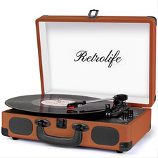 Vinyl Record Player - 3-Speed Bluetooth Portable Belt-Driven Suitcase Turntable