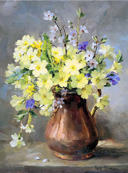 Anne Cotterill Art Blank Greeting/ Birthday Card - Primroses Jug Spring Flowers