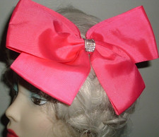 LARGE 8" PINK BOW CLIP FASCINATOR WITH WHITE RHINESTONES NEW W TAG