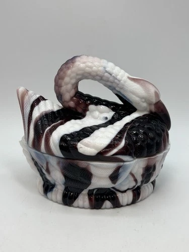 Vtg Purple Swirl Slag Milk Glass Swan Goose HON Candy Dish W/ Lid