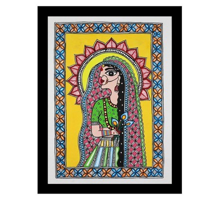 Handmade Madhubani Goddess Radha Painting Framed - Mithila Folk Art