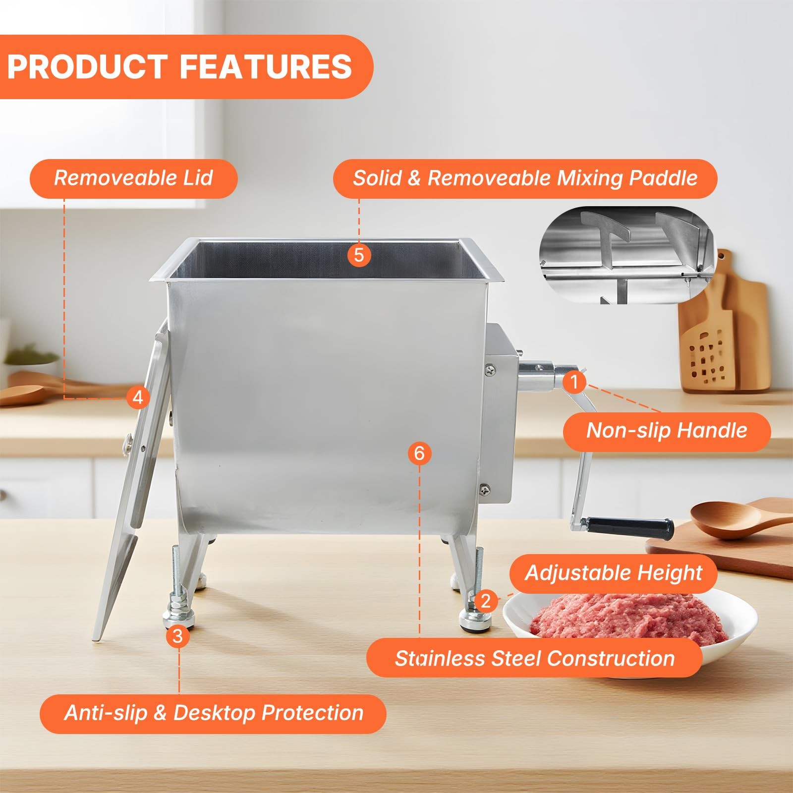 Hakka Stainless Steel Manual Meat Mixers 10Liter/20Lb Capacity Fixed Tank,Sau...