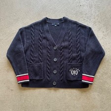 Tommy Hilfiger Cardigan Sweater Size XL Navy Blue Cable Knit Button Front Logo