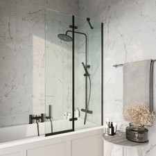 Matt Black Square 900mm Pivot Bath Screen Including Fixed Panel