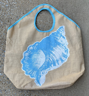 Mudpie Beach Shopping Oversized Jute Tote Blue Shell Bag Lady Ocean Pool Shop