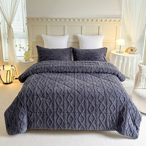 3 Piece Borrego Knitted Sherpa Comforter Set Reversible Bedding Set All Season - Picture 4 of 87