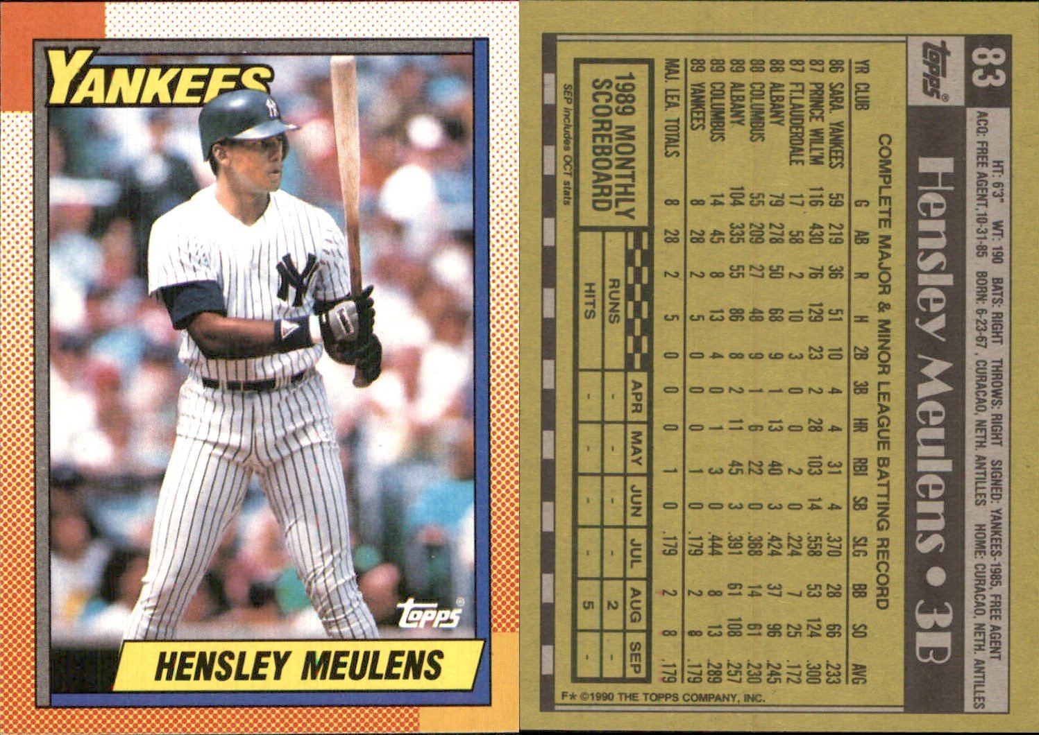 Hensley Meulens 1990 Topps #83 Card New York Yankees FREE SHIP *AutographDen*
