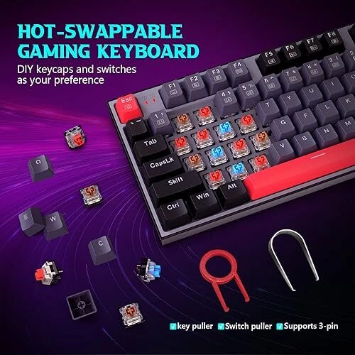 Mechanical Gaming Keyboard, Wired Mechanical Keyboard with 94 Gray-Black-Red