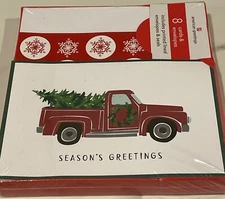 American Greetings Red Pickup Truck Transporting Tree Box of 8 Christmas Cards