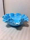 FENTON BLUE SLAG CABBAGE ROSE 9" RUFFLED DISH BOWL