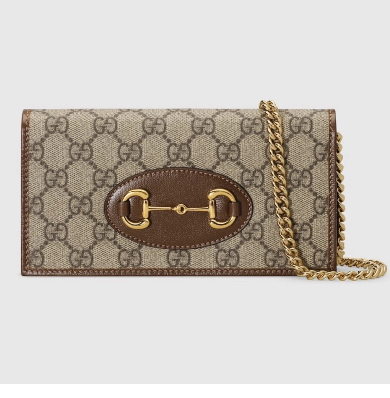 Gucci Horsebit 1955 Gg Supreme portefeuille toile et cuir sur chaîne femme marron Ns