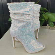 Women Ankle Boots Bling Glitter Thin High Heels Peep Toe Booties Lad Shoes Woman