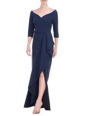 Kay Unger Blue Midnight Isolde Column Ruffle Gown Dress Size 12 $318 *Less Belt*