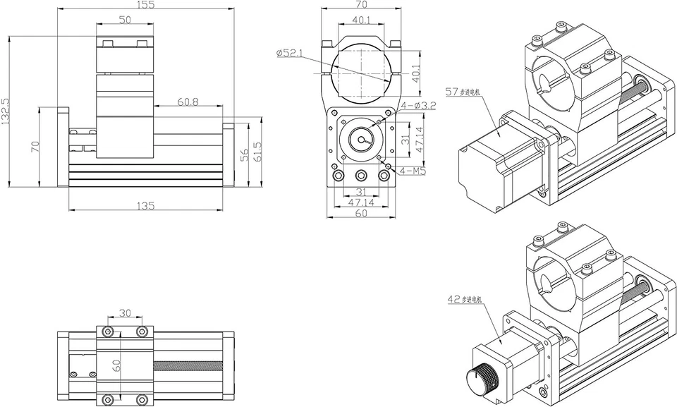 Módulo de eje CNC deslizante de aluminio soporte 3018Plus 52 mm husillo 500 W Foto 3 de 4