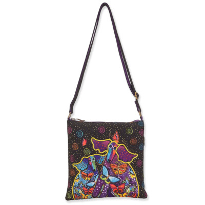 Laurel Burch Dogs and Papillons Canvas Small Crossbody Tote   LB8171