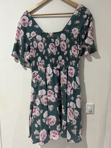 Ally Womens Green Floral Shortsleeve Dress Size 14 Pink Flowers Summer Romantic - Picture 7 of 10