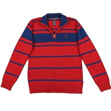 NAUTICA Premier Boys LARGE 1/4 Zip Pullover Sweater Striped Red Cotton 14-16