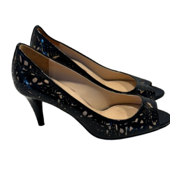 Prada Floral Laser Cut Peep Toe Pump Heels 36.5 Black Patent