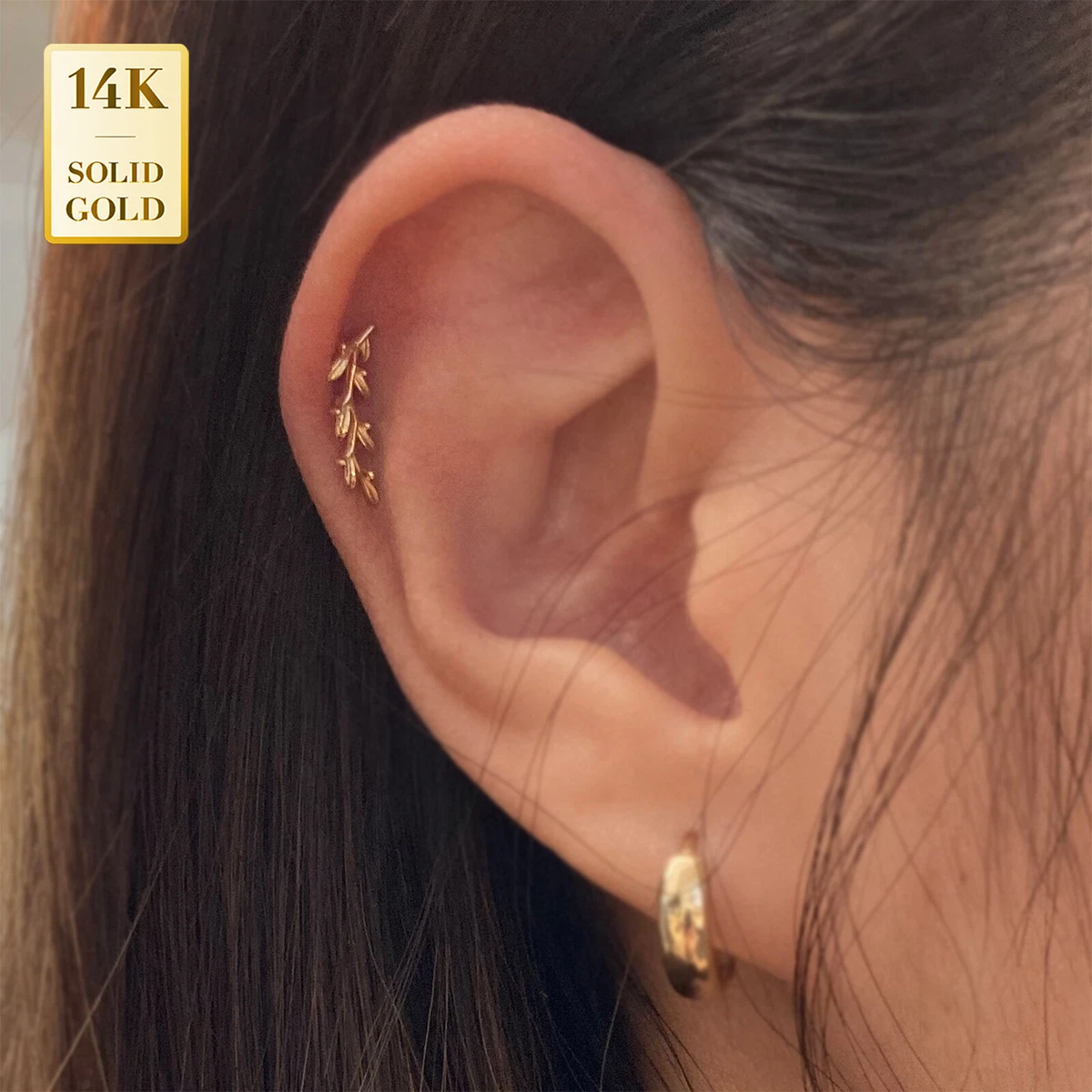 14K REAL Solid Gold Curved Leaf Ear Piercing Cartilage Stud Earring Piercing 18G
