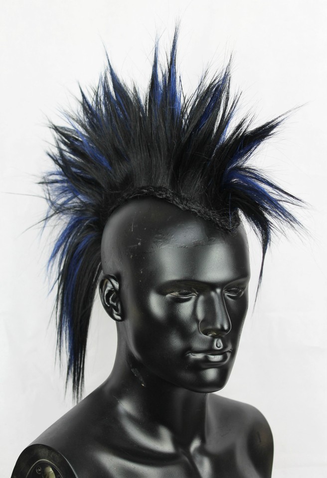 Black & Blue Mohawk Head Piece, Glued or Clip In, Mens Wig, Unisex