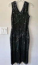 BABEYOND Women's Flapper Dress 1920s V Neck SM w/Beaded Fringed Feather Headband