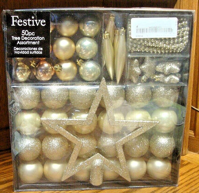 FESTIVE 50pc CHRISTMAS TREE Gold-Tone Ornament Assortment Shatterproof Decor 899