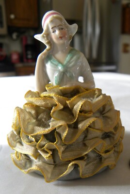 IRICE German Porcelain Half Doll Pin Cushion Ruffled Crinoline Skirt Gold Trim