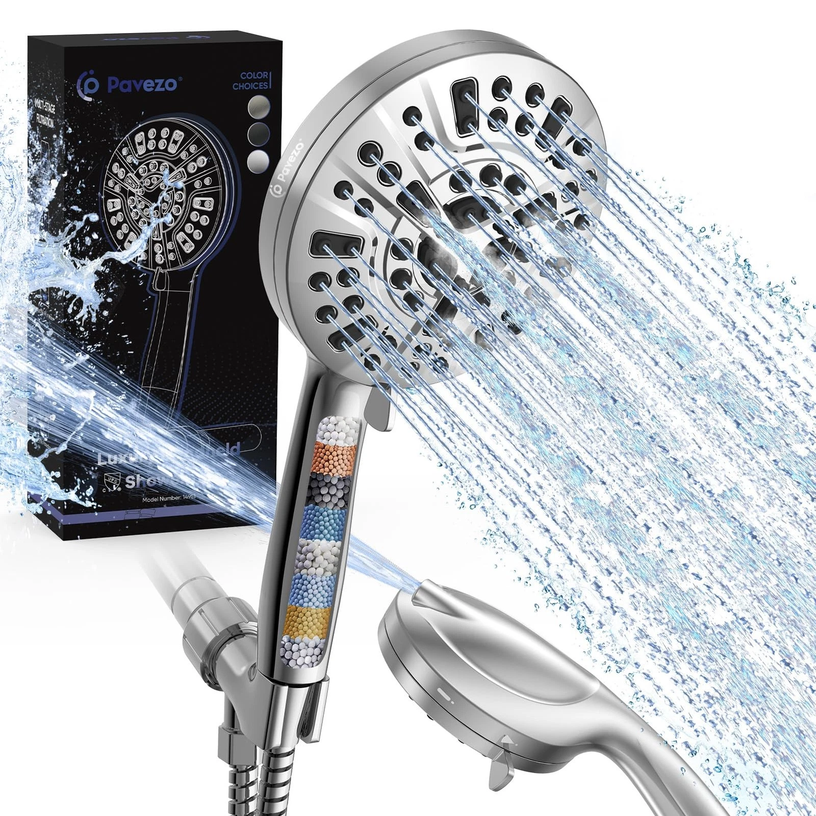® High Pressure Shower Head Handheld 5" Large, Extra Long 60" SS Hose 10-mode...