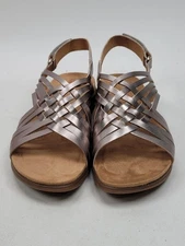 Easy Spirit Women's Mar Leather Slingback Flat Sandals, Silver Size 8W