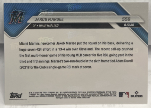 Jakob Marsee 2025 Topps Now MLB 7-RBI Ties Marlins Record #556 Call Up - SP /963 - Picture 2 of 2