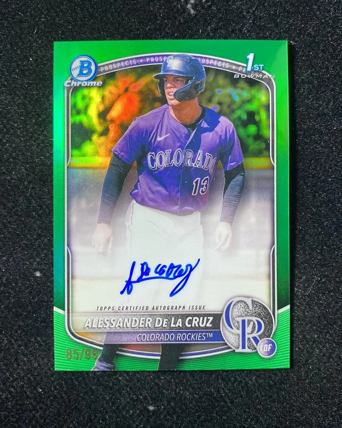 2025 Topps Bowman Chrome 1st Green Alessander De La Cruz Auto 85/99 Rockies 999