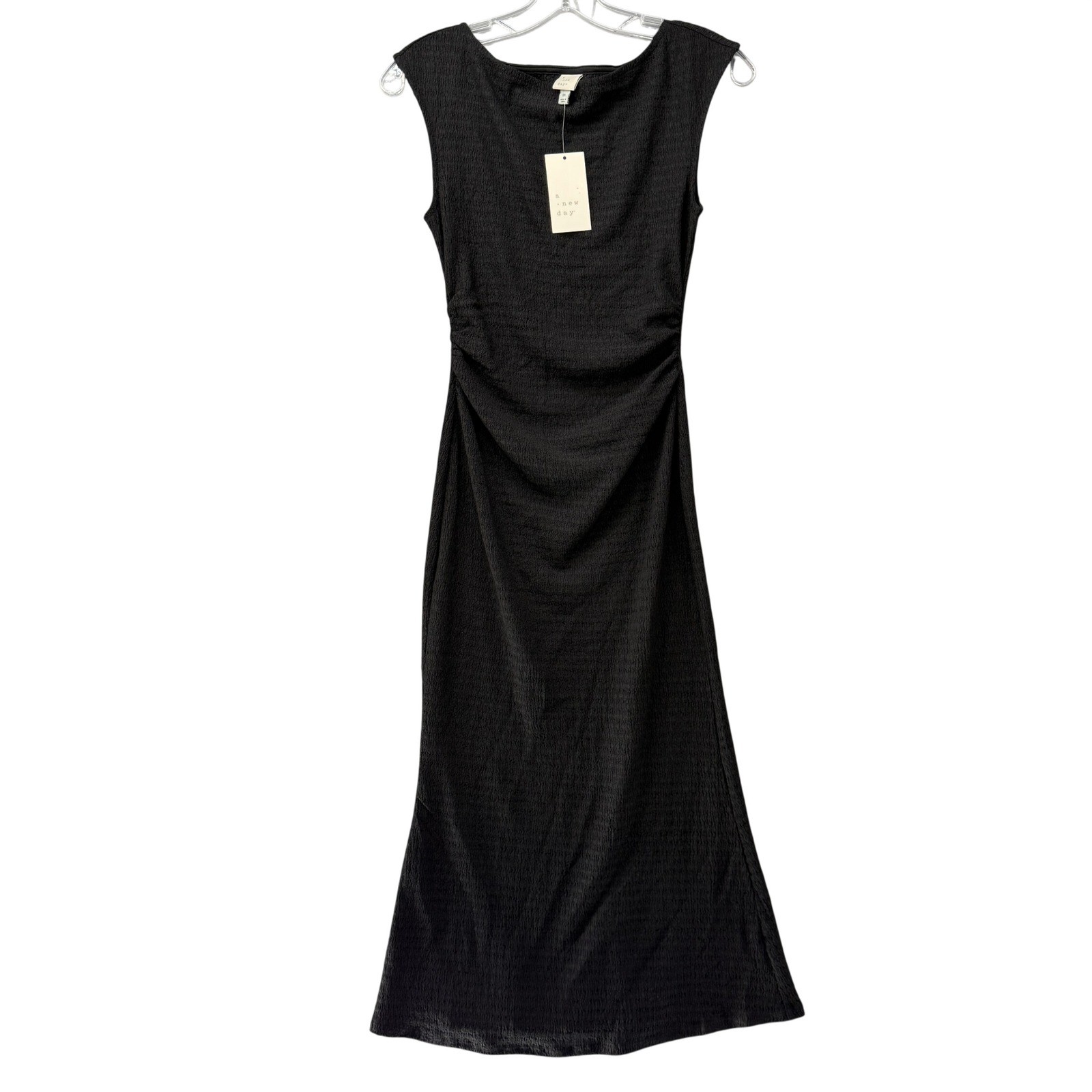 A New Day Bodycon Midi Dress Women Textured Ruched Black XS Sleeveless Boat Neck