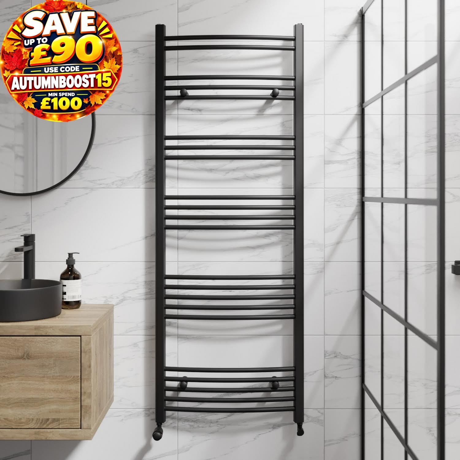 RadiLux Curved Heated Towel Rail Matt Black - 1600 x 600mm