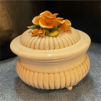 1  Italian New Old Stock  Ceramic Handmade Trinket Box with Orange Flower Lid