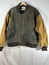 Vintage Basic Editions Suede Leather Bomber Jacket 2XL Two Tone Green Tan