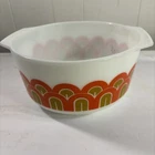 Pyrex #344 Casserole Bowl Arches Fish Scale Modern Orange Gold 3 Quart Made USA