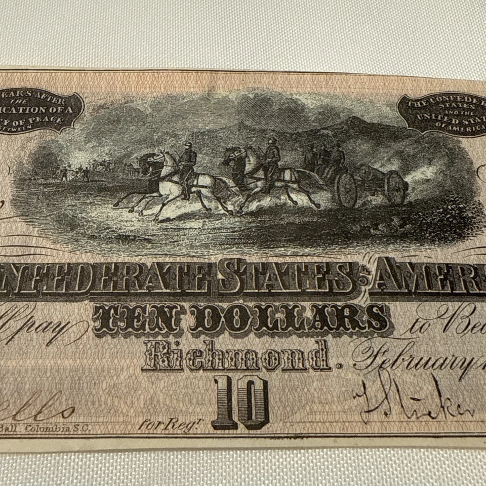 1864 Ten ($10) Dollar Bill CSA Note Confederate States of America Richmond - Image 3 of 4