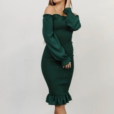 Baltic Born Women’s Esther Smocked Midi Off The Shoulder Dress Green Size XS