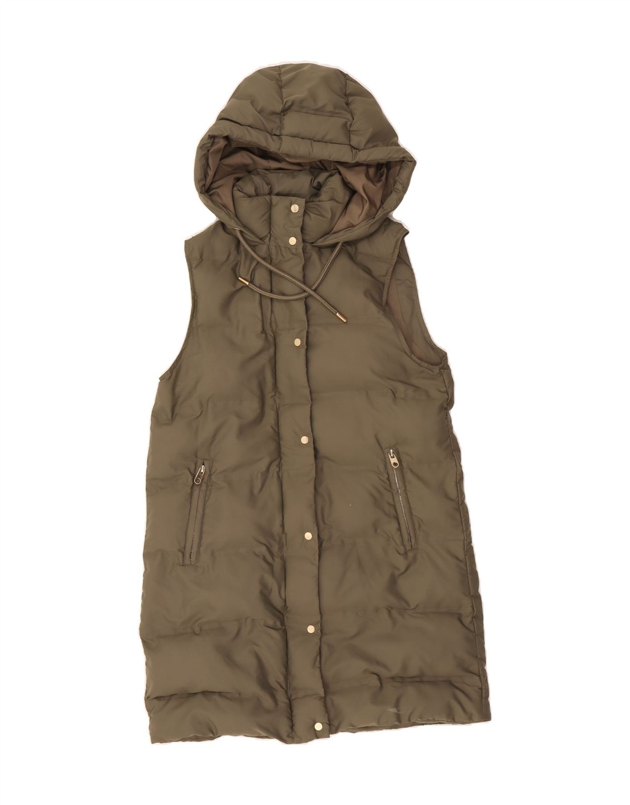 ZARA Womens Hooded Sleeveless Padded Coat UK 10 Small Khaki Polyester BY10