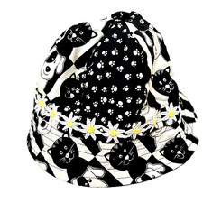 Toddler Cotton Bucket Sun Hat Black White Puppies Kittens Daisies Reversible
