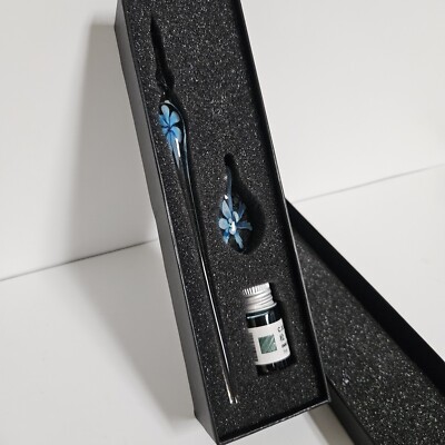 Hand Blown Glass Dip Pen Set Blue Floral Handmade Calligraphy Pen w/ Ink & Rest
