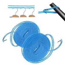 Windproof Clothes Line 2 Pack Blue Nylon 16.4 feet Hooks Retractable Camping